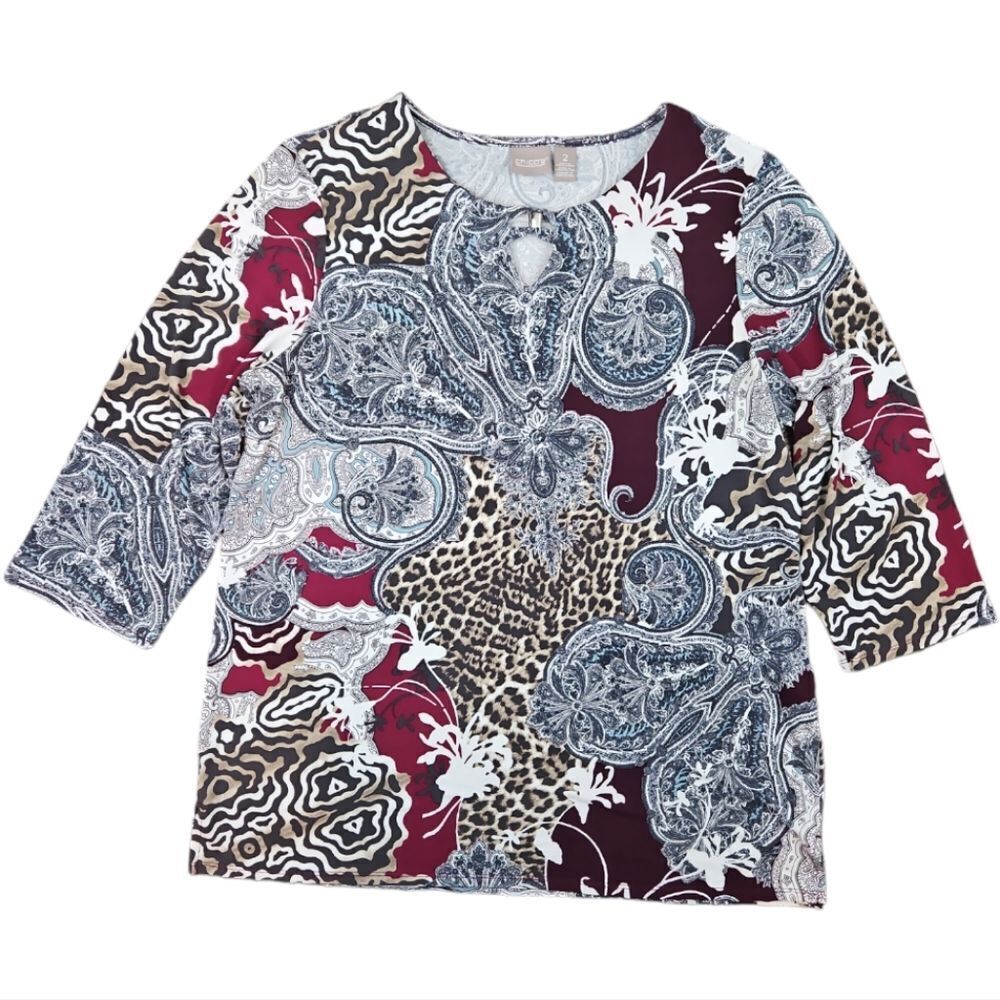 Chico's 3/4 Sleeve Polyester Knit Key Hole Neck Top Size 2